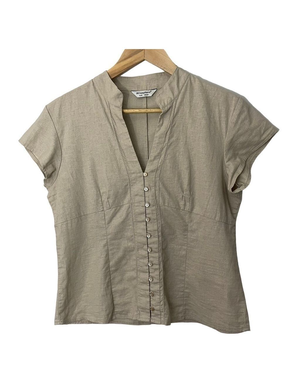 Atmosphere Button Front Crop Shirt Sz 12 Beige Linen Cotton Cap Sleeve Top